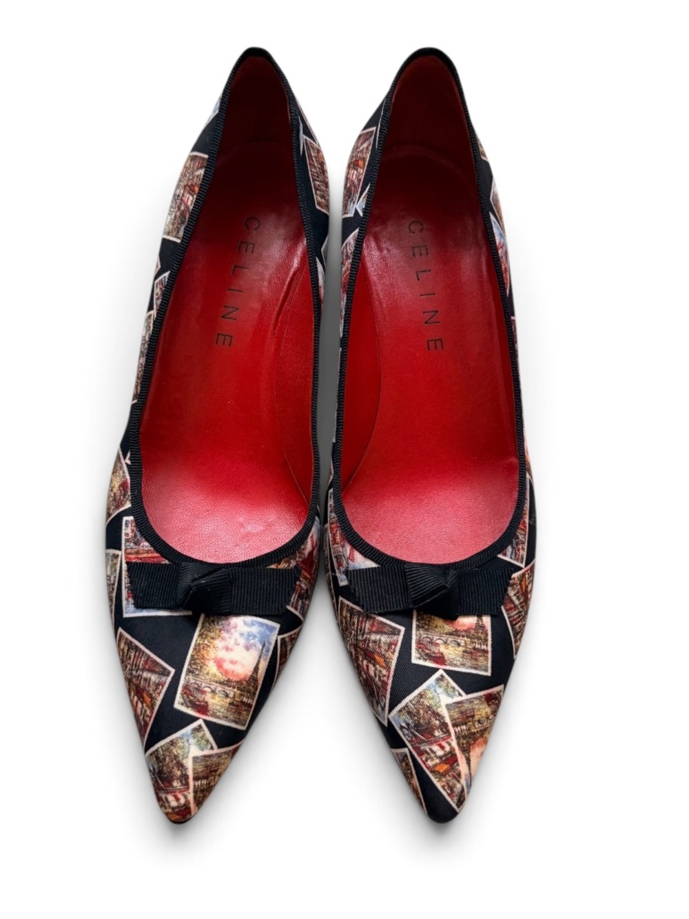 Celine silk Photo Collage Kitten Heels Pointed Bow 39.5 US 9.5 Archive